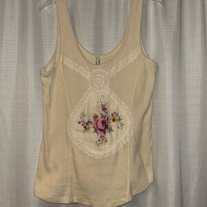 Free People Cream Tank with Floral Embroidery